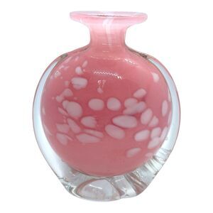 Vtg Mdina Art Glass Vase Pink with Mottled White Spots By Michael Harris Malta